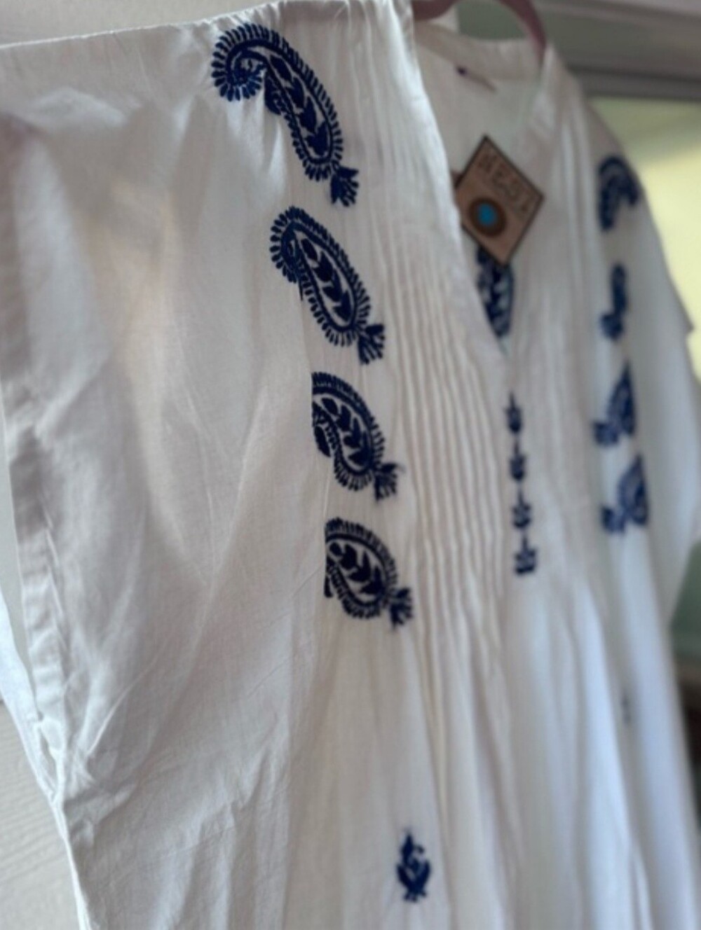 Seyva Caftan Maxi Dress Blue Embroidered White Cotton - One Size Gently worn. - Picture 8 of 9